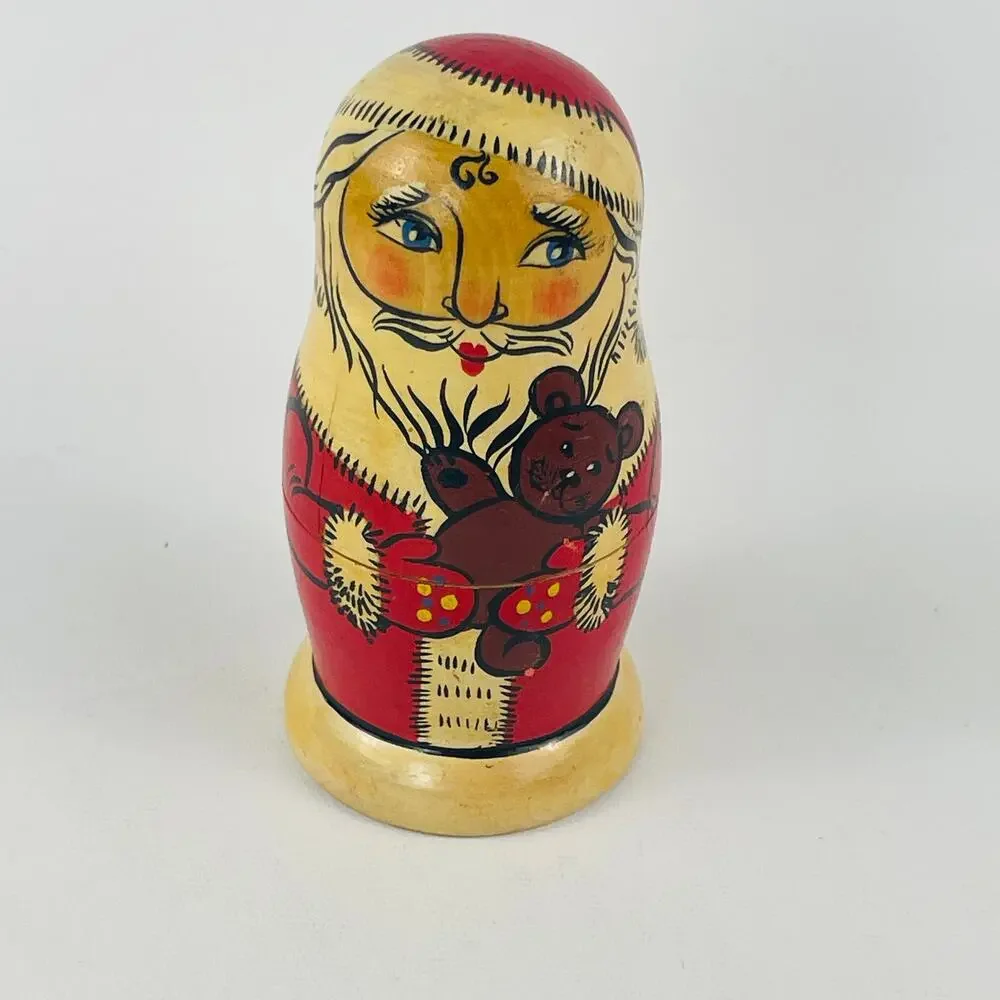 Hand Painted Wooden Nested Santa Doll holding Teddy Bear 4 1/8